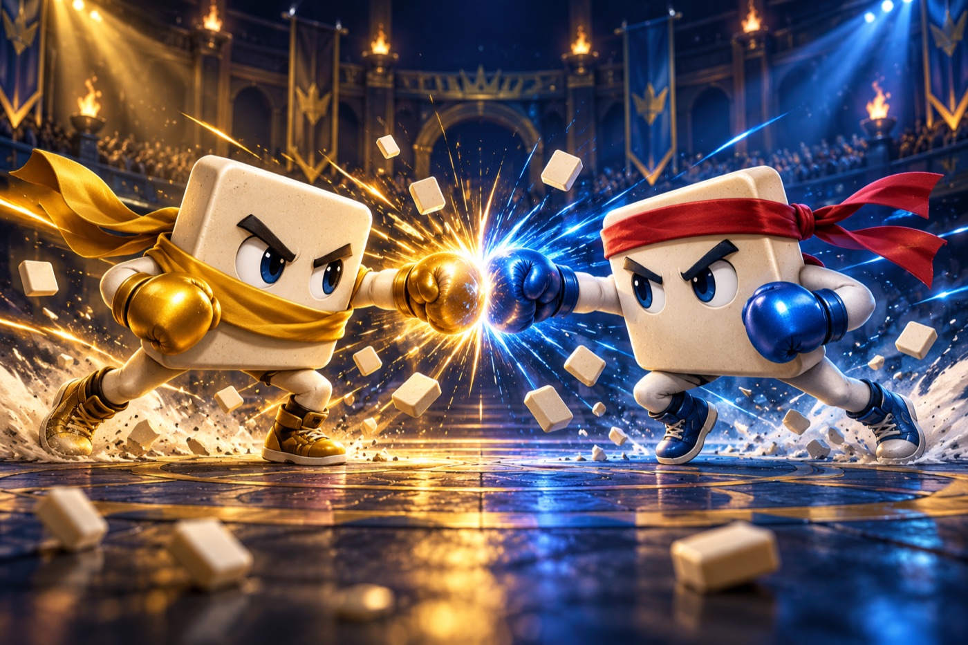 Two boxing letter-tile fighters face off in a dramatic arena