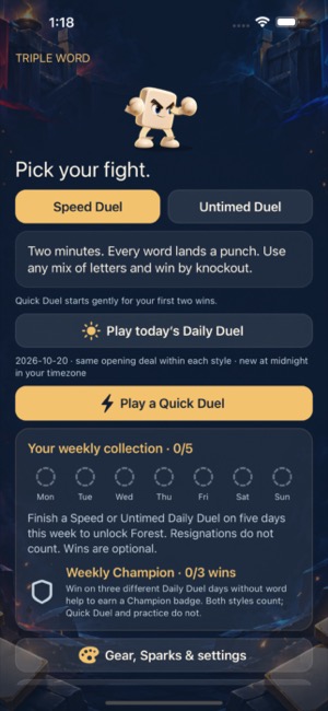 Triple Word Home with a fighter ready for Quick and Daily duels