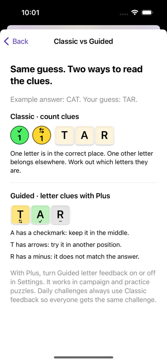 A WordPhenom puzzle showing Guided clues on individual letter tiles