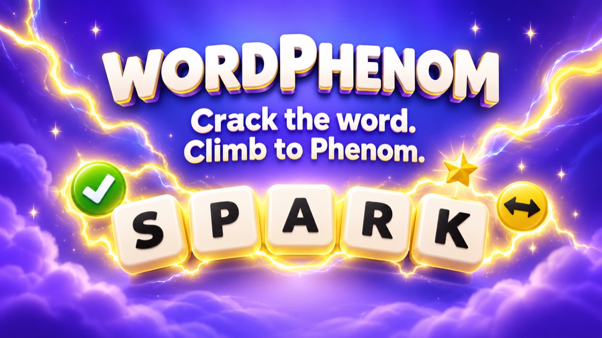 WordPhenom bursts with yellow-white lightning above SPARK letter tiles