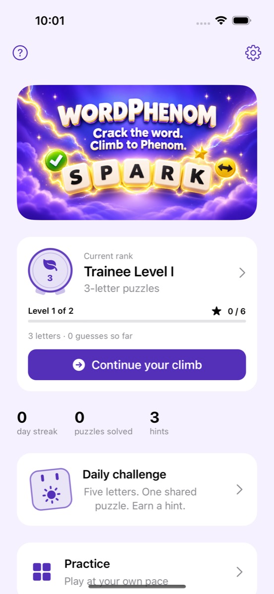 WordPhenom Home with current rank, star progress, and daily challenge